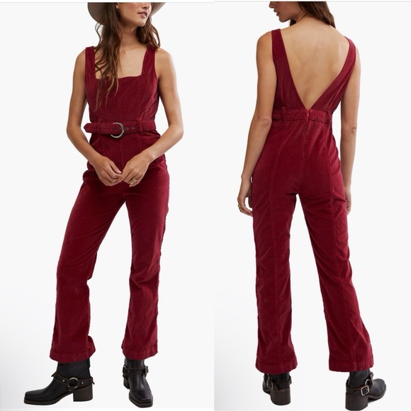 Free People Women's Size 12 Holly Berry Velvet Party Starter Belted Jumpsuit - Picture 12 of 12